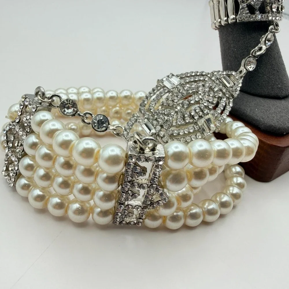 Vintage 50s Style Triple Row Faux Pearl Rhinestone Statement Bracelet Jewelry